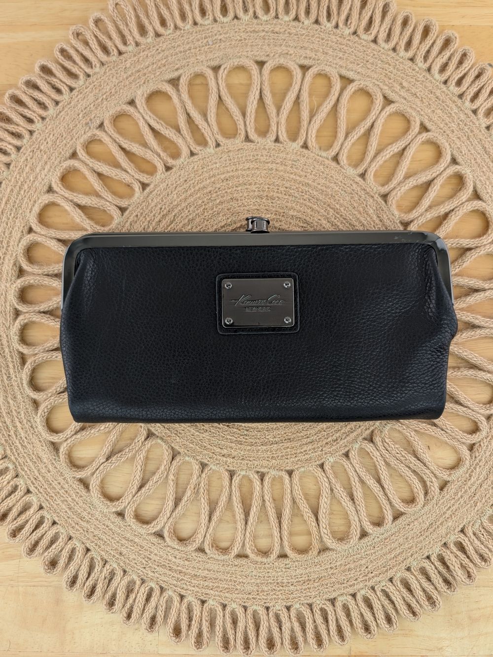 Kenneth Cole New York Black Leather Double Frame Wallet Clutch Organizer